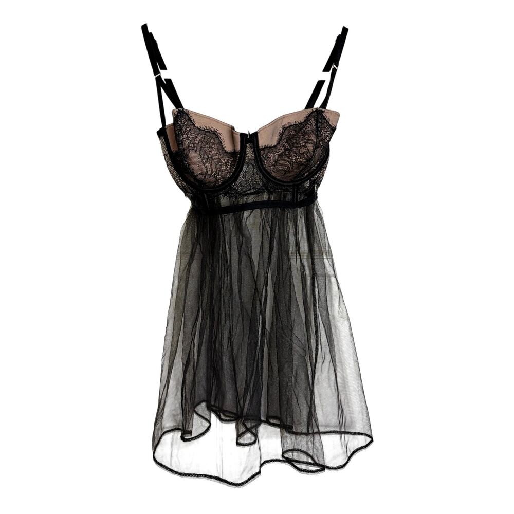 Victoria's Secret 36C Black‎ Lace Sheer Mesh Babydoll Chemise Lingerie NWOT